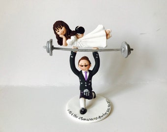 Weightlifting Bride and Groom Wedding Cake Topper - Personalized Polymer Clay