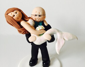 Personalized Mermaid Bride & Groom Wedding Cake Topper – Polymer Clay Figurine