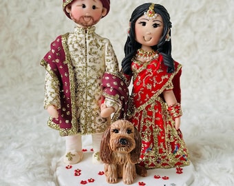 Personalised Indian Wedding Cake Topper with Pet Dog – Polymer Clay Bride Groom Figurines