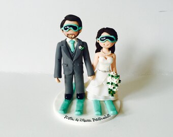 Personalised Skiing Wedding Cake Topper – Bride Groom Customised Polymer Clay Figures