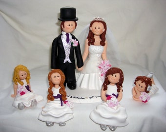 Custom Family Wedding Cake Topper – Bride, Groom & Children, Polymer Clay