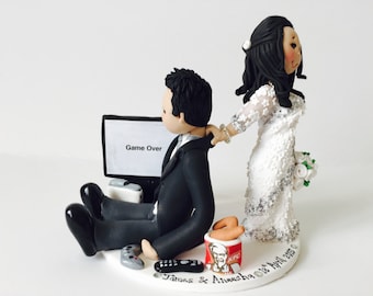 Custom Wedding Cake Topper - Bride Dragging Gamer Groom, Polymer Clay
