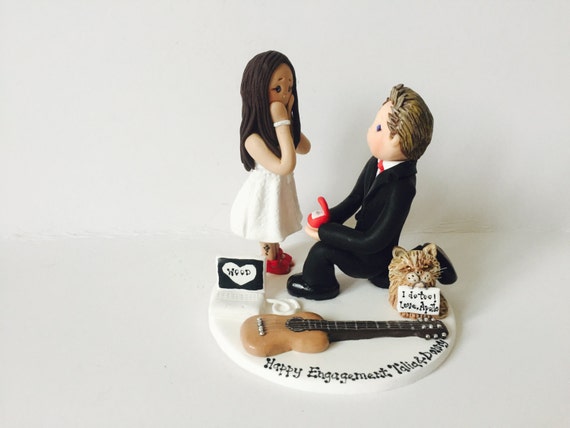 Groom Proposes To Bride Wedding Cake Topper - 7x5 Inch Engagement Cake Decor