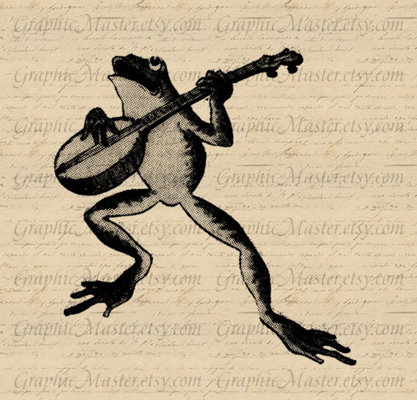 Frog with BANJO Vintage Ephemera Digital Collage Sheet Image Etsy