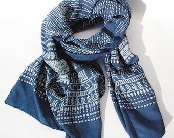 Eri wild 'peace' silk long scarf/shawl block printed and dyed in natural indigo dye