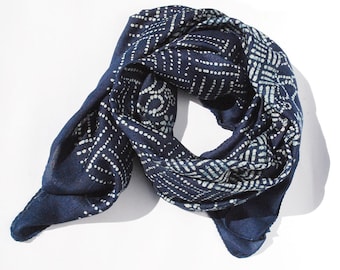 Eri wild 'peace' silk square scarf block printed and dyed in natural indigo