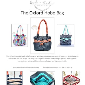 Può includere: Il modello di cucito per la borsa Oxford Hobo presenta un esterno plissettato, una cintura e delle cinghie. La borsa misura 38 cm di larghezza, 30 cm di altezza e 10 cm di profondità. Il modello include istruzioni per una cerniera e una tasca a fessura opzionali all'interno.