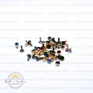 May include: Assortment of metal rivets in various colors, including silver, gold, black, copper, and iridescent. The rivets are scattered on a white surface.