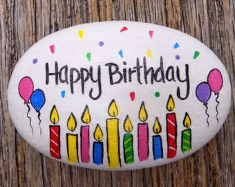 Happy Birthday Candles and Balloons, Hand Painted Rock, Decorative Accent Stone