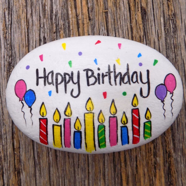 Happy Birthday Candles and Balloons, Hand Painted Rock, Decorative Accent Stone