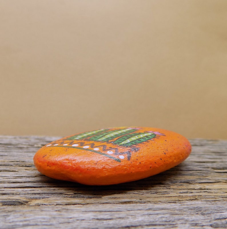 Abstract Cactus Painted Rock Desert Scene Decorative Accent Stone