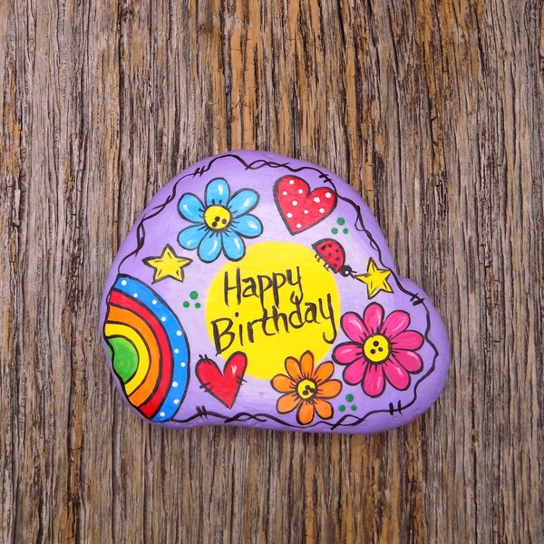 Happy Birthday, Flower, Heart, Lady Bug Rainbow Hand Painted Rock, Decorative Accent Stone