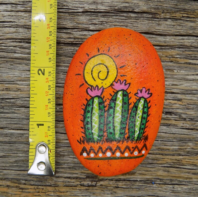Abstract Cactus Painted Rock Desert Scene Decorative Accent Stone