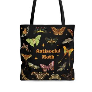 Antisocial Moth Tote Bag, Luna moth Tote bag, grocery bag, shopping bag, cottagecore pattern, vintage moth illustrations pattern, for her