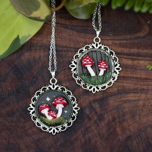 Magical mushroom necklace and black velvet choker, cottagecore polymer clay jewelry, witchy pendant, red amanita 3d pendant.