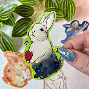 Green bunny holographic waterproof sticker (1 sticker), handmade waterproof sticker, rabbit holographic stickers