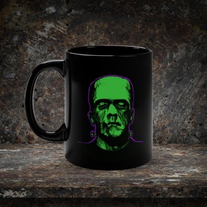 Frankenstein monster spooky halloween 11oz Black Mug, Halloween mug, goth mug, emo mug, spooky mug, horror movie mug