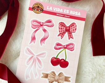 Coquetta Pink bows Sticker sheet, 6x4in matte journal, planner and Kindle stickers, Cherry and red bows.