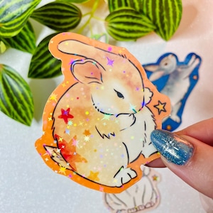 Orange Hase holografischer wasserdichter Aufkleber (1 Aufkleber), handgemachter wasserfester Aufkleber, Hase holografischer Aufkleber