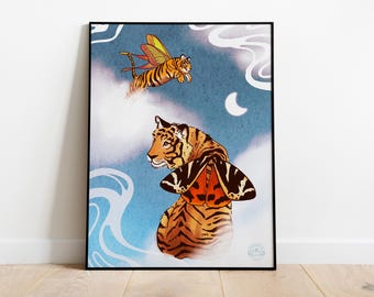 Tigermoths  Art print, 8.5"x11" (a4) Art paper, fine art print, digital art, Tiger Surreal Illustration, Tigermoth Home Decor.