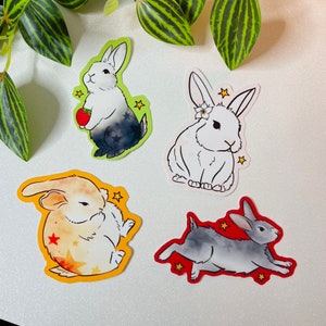 May include: Four sticker designs featuring different colored rabbits. The first rabbit is black and white with a strawberry in its paw. The second rabbit is white with a flower on its head. The third rabbit is yellow and white with a star on its chest. The fourth rabbit is gray with a star on its back.