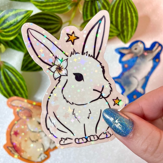 White bunny holographic waterproof sticker (1 sticker), handmade waterproof sticker, rabbit holographic stickers