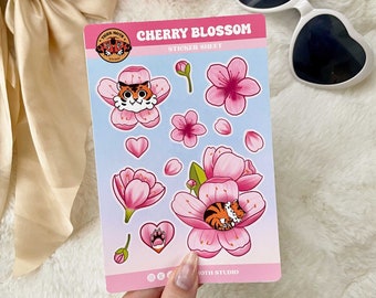 Sunny spring cherry Blossom sticker sheet, matte finish scrapbooking, sticker sheet 6x4in matte journal, planner and Kindle stickers