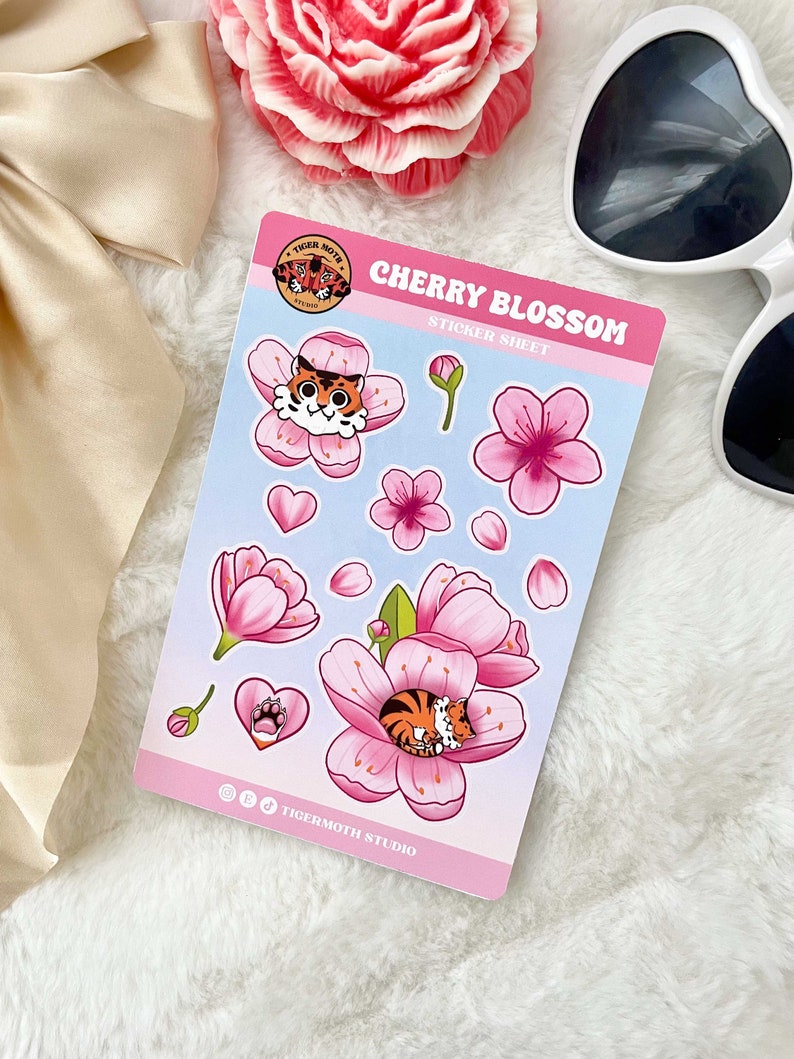 Sunny Spring Cherry Blossom Sticker Sheet, Matte Finish Scrapbooking ...