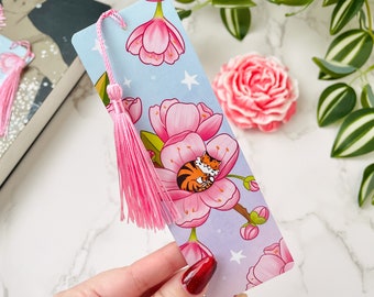 Spring with Sunny the tiger cherry blossom cute bookmark, pink laminated sakura bookmark, 6x2 in