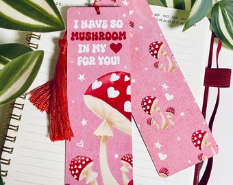 Pink Mushroom Bookmark: Laminated Book Lover Gift with Tassel