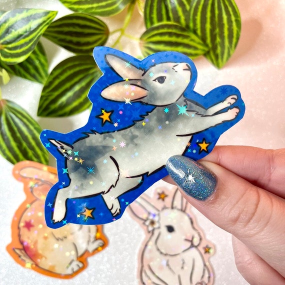 Blue bunny holographic waterproof sticker, handmade waterproof sticker, rabbit holographic stickers