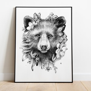 Bear magic art print, 8.5&quot;x11&quot; (a4) Art paper, fine art print, bear black and white drawing