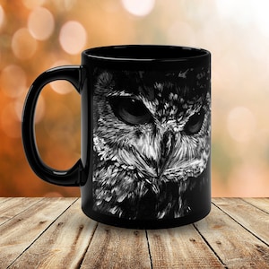 Wise Owl 11oz Black Mug, Goth mug, Black coffee mug for him/her, Black owl tea mug, goth kitchen.