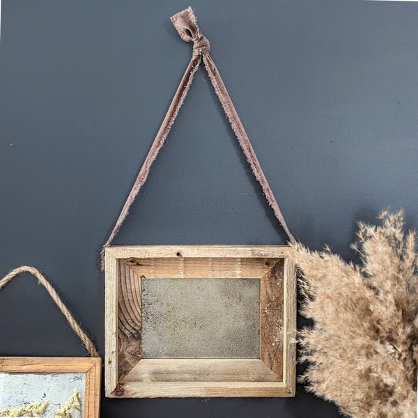 Mercury Glass Framed Mirror with Rustic Barn Wood Frame Frayed Velvet Ribbon Hanger Antiqued Mirror Home Decor Rustic Vintage Wall Art