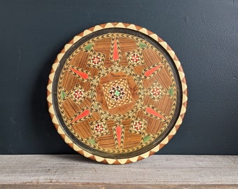 Spanish Inlaid Wood Vintage Serving Tray // Miguel Laguna Marquetry Round // Spanish Folk Art // Geometric Trinket Catchall Tray
