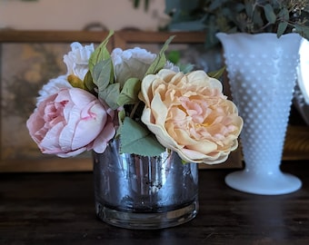 Blush Pink Flowers in Vase Neutral Floral Arrangement in Mercury Glass Low Vase with Peonies Centerpiece for Weddings Spring Home Decor