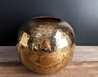 Vintage Round Globe Hammered Brass Vase // Mid Century Modern Gold Planter // Boho Home Decor