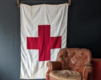 American Red Cross Vintage Flag Redcross War Memorabilia Authentic WWII Era Collectable Sewn Flag Large Wall Hanging Ralph Lauren Home Decor