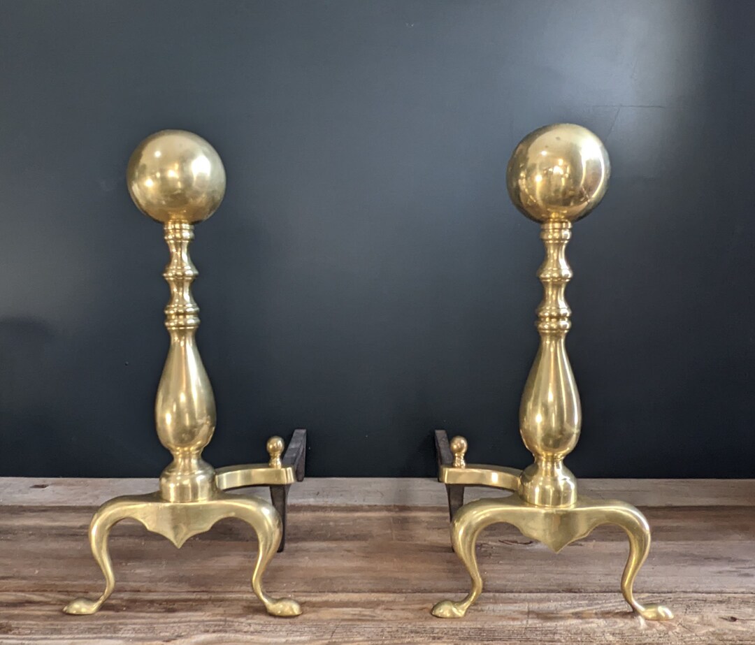 Antique Brass Cannon Ball Fireplace Andirons // Wood Log Etsy