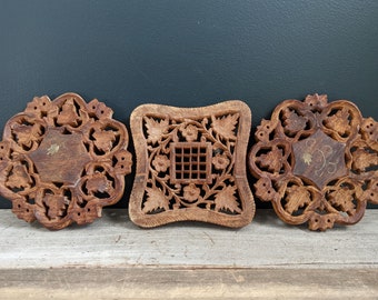 Vintage Hand Carved Set of Wooden Trivets or Coasters from India // Set of Three // Mandala // Brass Inlay