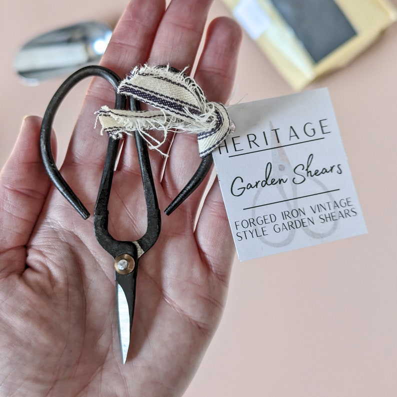 forged iron garden shears with extra large, black iron curved handles.  extra space for comfort when wearing gloves.  extra sharp point.