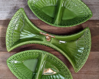 Vintage Green Majolica Ceramic Serving Tray 1960's Mid Century Maddux Pottery Serving Dish Set MCM Event Serveware