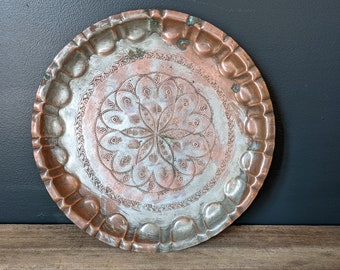 Vintage Moroccan Style Rustic Worn Silver and Copper Decorative Serving Tray // Wall Hanging