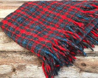Vintage Pendleton Red, Blue and Gray Plaid Wool Blanket // 1960's 70's Camp Stadium Picnic Tartan Throw