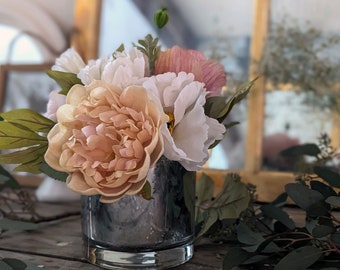 Mercury Glass Low Vase with Blush Tone Floral Arrangement Centerpiece for Weddings Mini Bouquet with Neutral Colors Large Bloom Peonies