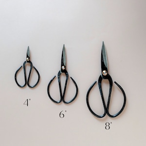 forged iron garden shears with extra large, black iron curved handles.  extra space for comfort when wearing gloves.  extra sharp point.