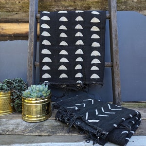 Authentic black dyed african mud cloth with white half circles printed in vertical rows.