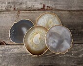 Large Gold Rimmed Natural Blue Gray and Brown Agate Slice Coasters S/4 Electroplated Geodes