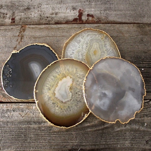 Large Gold Rimmed Natural Blue Gray and Brown Agate Slice Coasters S/4 Electroplated Geodes