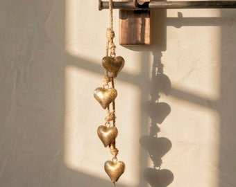 PRE-ORDER-Handcrafted Rustic Heart Bells Cluster – Jute Rope Door Hanger, Farmhouse Porch Decor